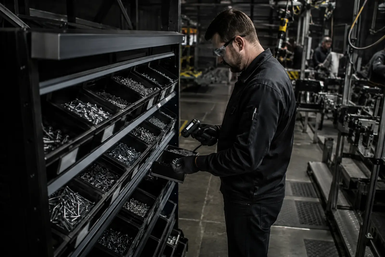 Representative supply specialist measuring fastener use at a point-of-use rack